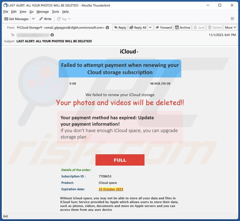 Your iCloud Photos And Videos Will Be Deleted campagna di spam tramite posta elettronica