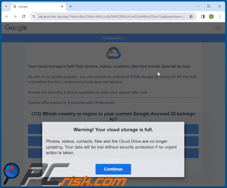 Your iCloud Photos And Videos Will Be Deleted L'aspetto della pagina di phishing presentata in questa email (GIF)