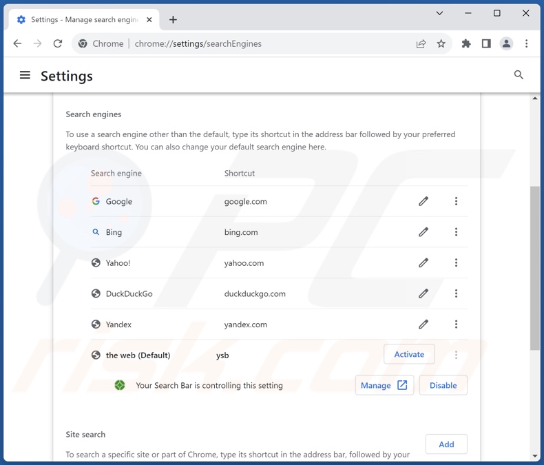 Rimozione di yoursearchbar.me dal motore di ricerca predefinito di Google Chrome