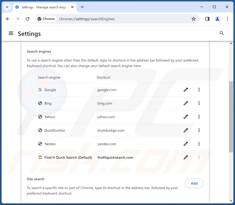 Rimozione di finditquicksearch.com dal motore di ricerca predefinito di Google Chrome