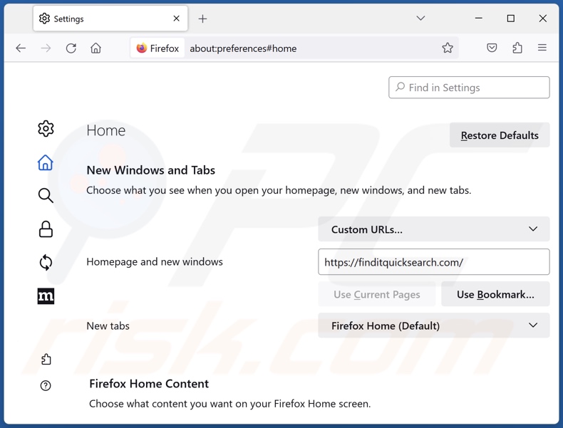 Rimozione di finditquicksearch.com dalla homepage di Mozilla Firefox
