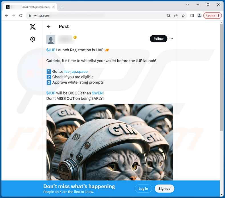 X (Twitter) post che promuove il sito web della truffa Jupiter Airdrop - Listed-jup[.]space