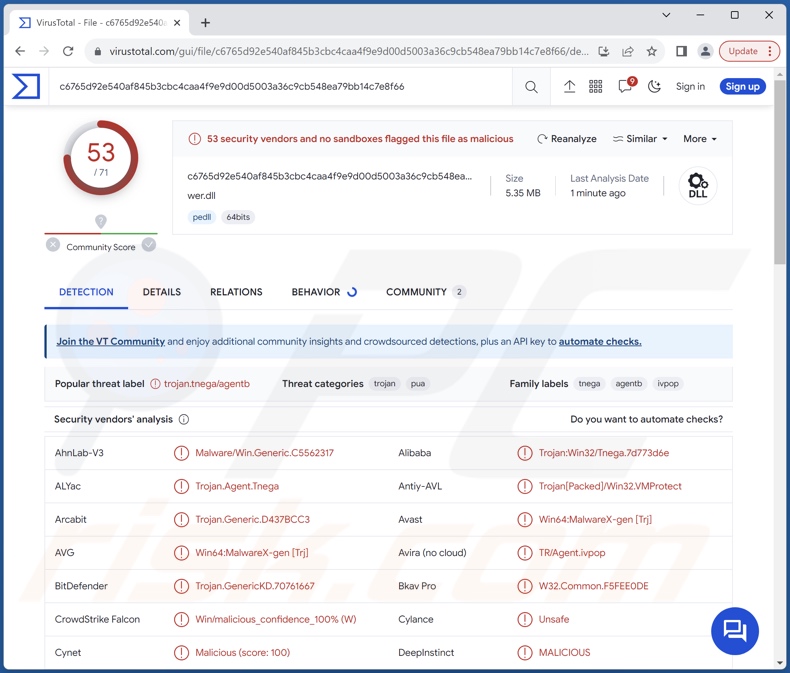 Rilevamenti di malware Ov3r_Stealer su VirusTotal