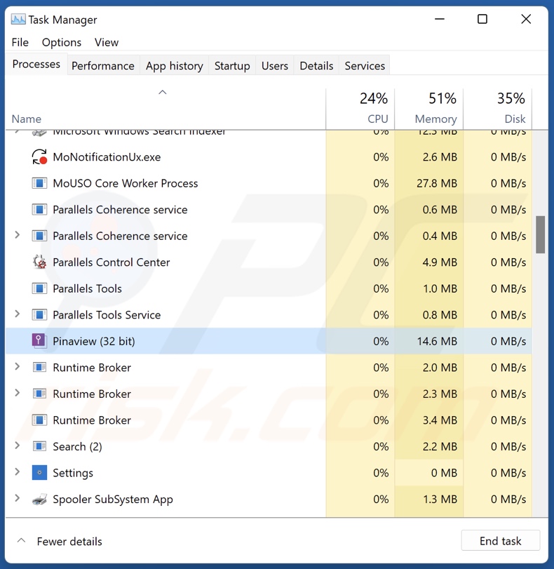 Processo dell'applicazione Pinaview su Task Manager di Windows