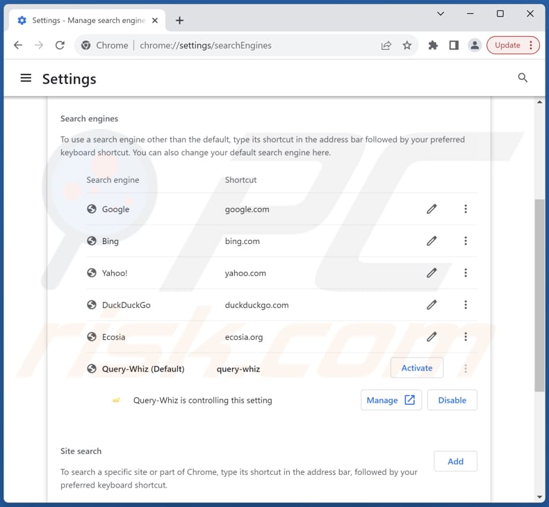 Rimozione di query-whiz.com dal motore di ricerca predefinito di Google Chrome