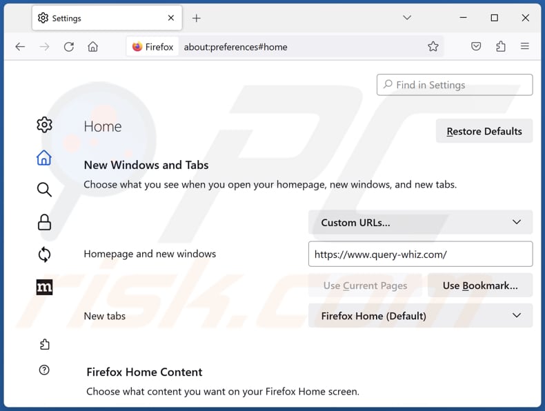 Rimozione di query-whiz.com dalla homepage di Mozilla Firefox