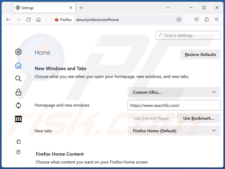 Rimozione searchfz.com dalla home page di Mozilla Firefox