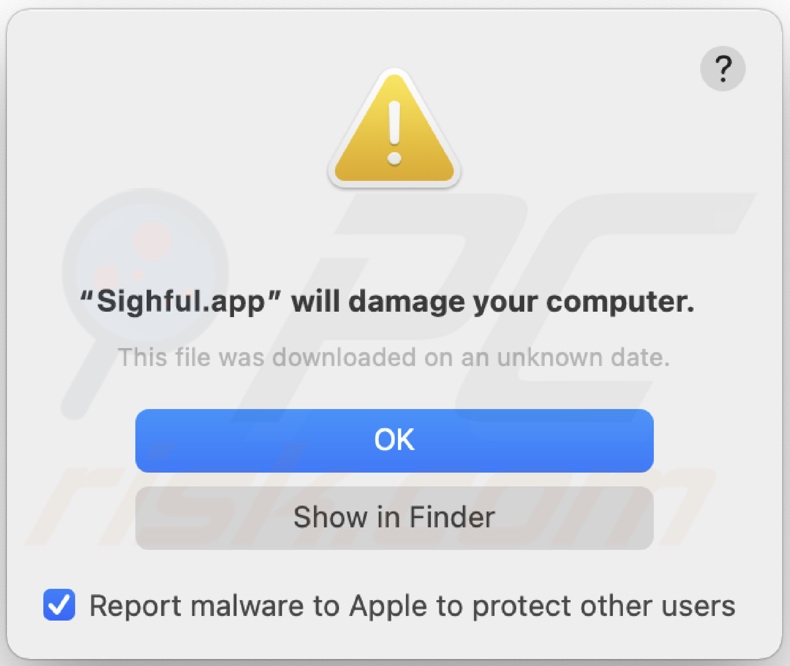 Pop-up visualizzato quando l'adware Sighful.app viene rilevato nel sistema