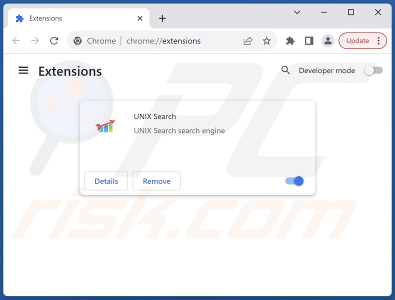 Rimozione delle estensioni di Google Chrome correlate a unixsearch.com