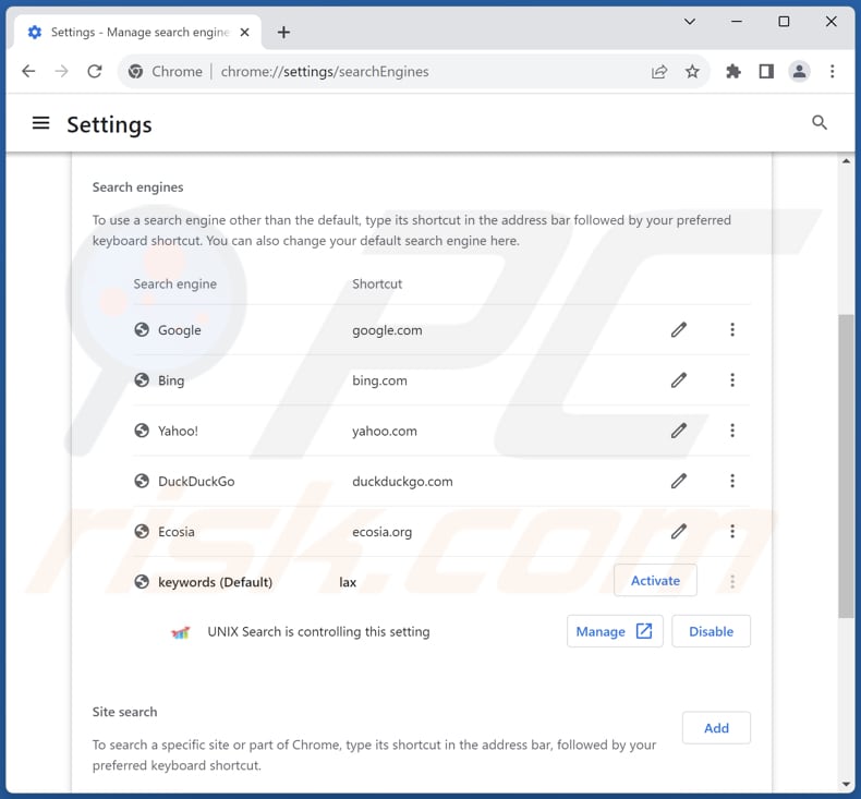 Rimozione unixsearch.com dal motore di ricerca predefinito di Google Chrome