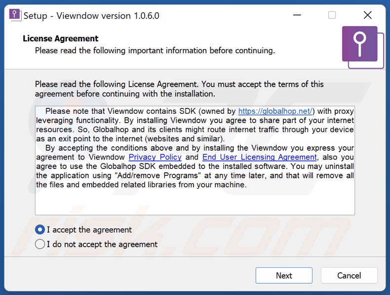 Configurazione dell'installazione dell'applicazione Viewdown