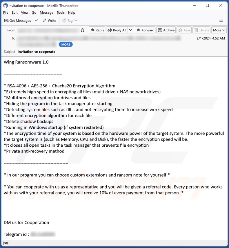 Screenshot di un'e-mail di spam in cerca di partner per il ransomware Wing