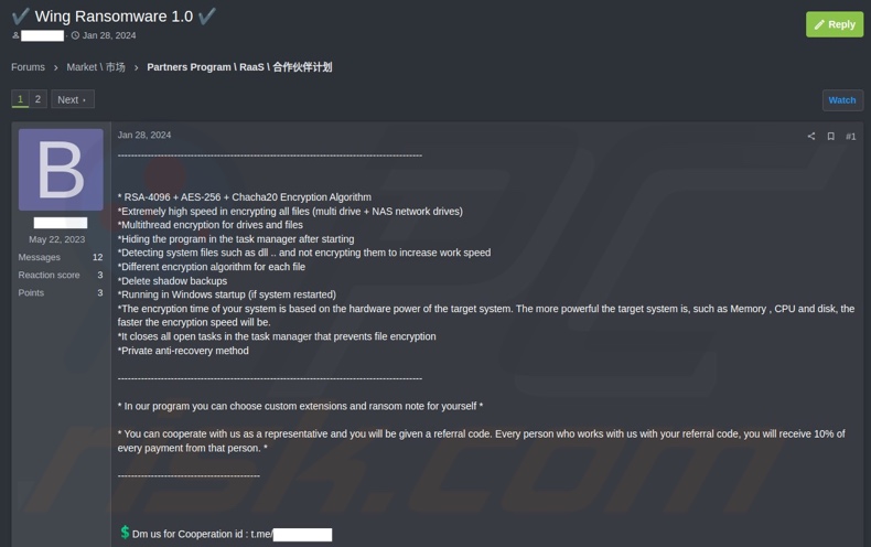 Screenshot di un post sul forum di un hacker in cerca di partner per il ransomware Wing