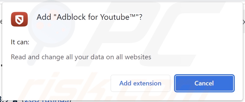 Autorizzazioni richieste dall'estensione Adblock for Youtube™ che promuove ysearcher.com