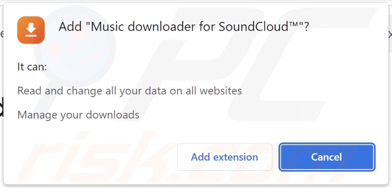 Autorizzazioni richieste dall'estensione Music downloader for SoundCloud™ che promuove ysearcher.com