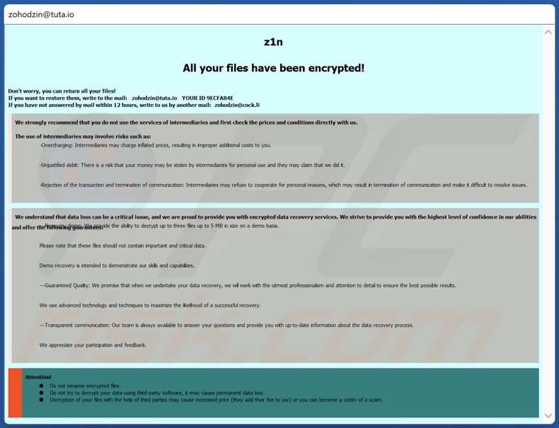 Screenshot della finestra pop-up del ransomware Z1n
