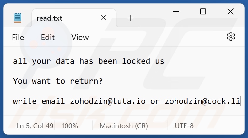 Screenshot del file di testo del ransomware Z1n (