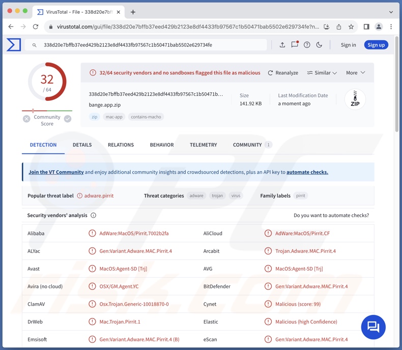 Rilevamenti di adware Bande.app su VirusTotal