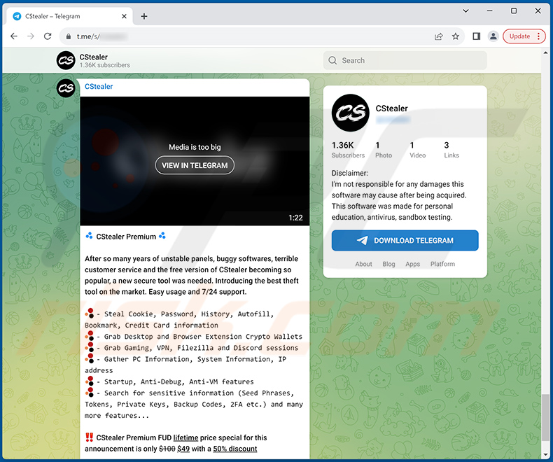 Account Telegram che promuove malware CStealer