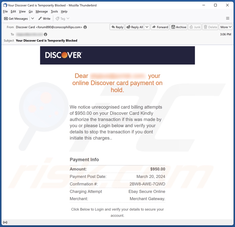 Discover Card Payment On Hold  campagna di spam email 