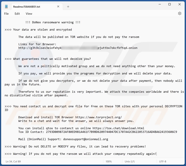 Screenshot del file di testo di DoNex (