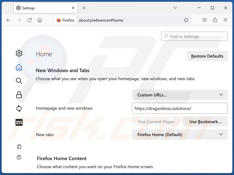 Rimozione di dragonboss.solutions dalla home page di Mozilla Firefox