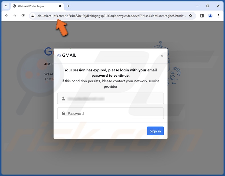 Screenshot del sito Web di phishing promosso dalla campagna di spam 