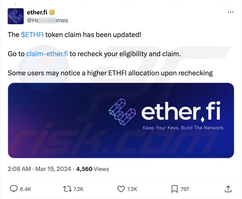 Pagina ether.fi falsa promossa utilizzando un account ether.fi falso