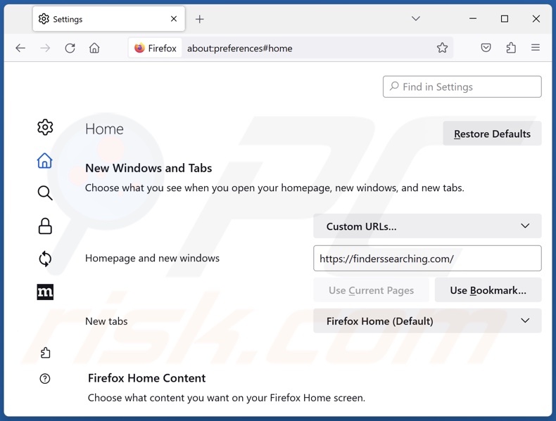 Rimozione di finderssearching.com dalla home page di Mozilla Firefox