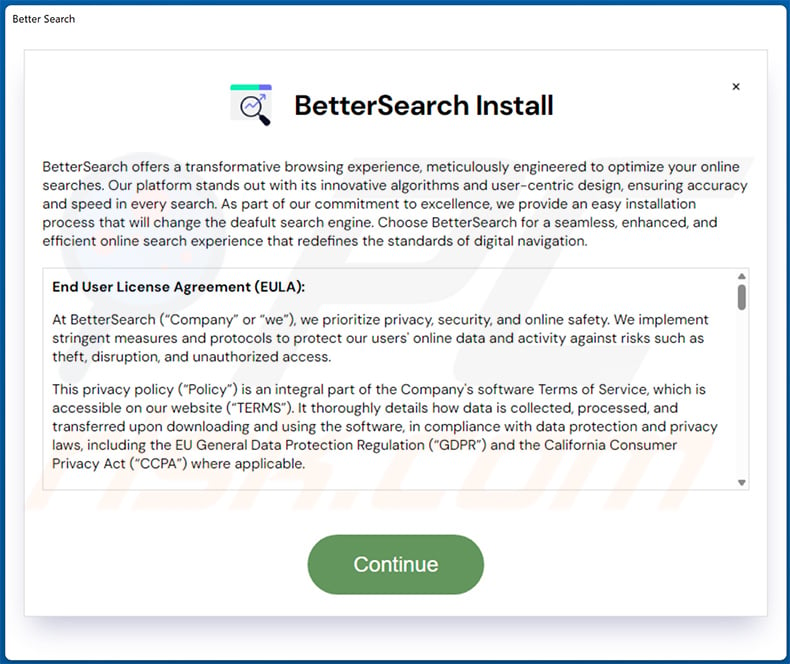 Programma di installazione che promuove il dirottatore del browser finderssearching[.]com