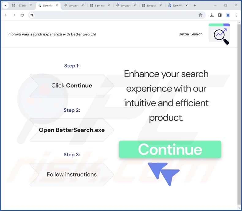 Screenshot di un sito Web che promuove il programma di installazione utilizzato per inserire finderssearching[.]com nel browser