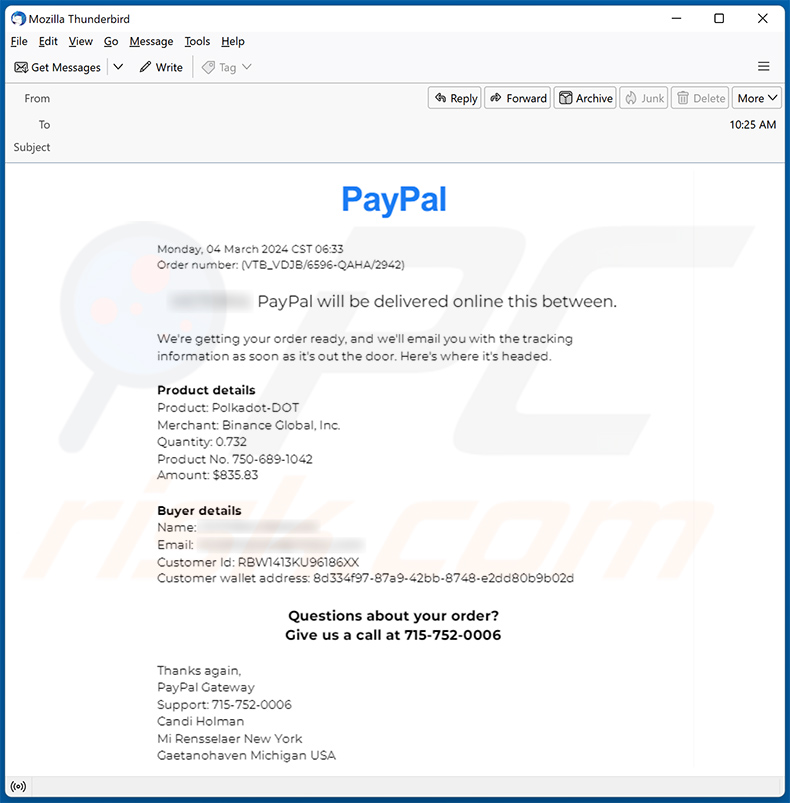 Esempio di un'altra email truffa a tema 