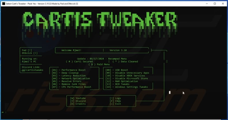 Pannello di amministrazione di Tweaks Stealer visualizzato dagli utenti