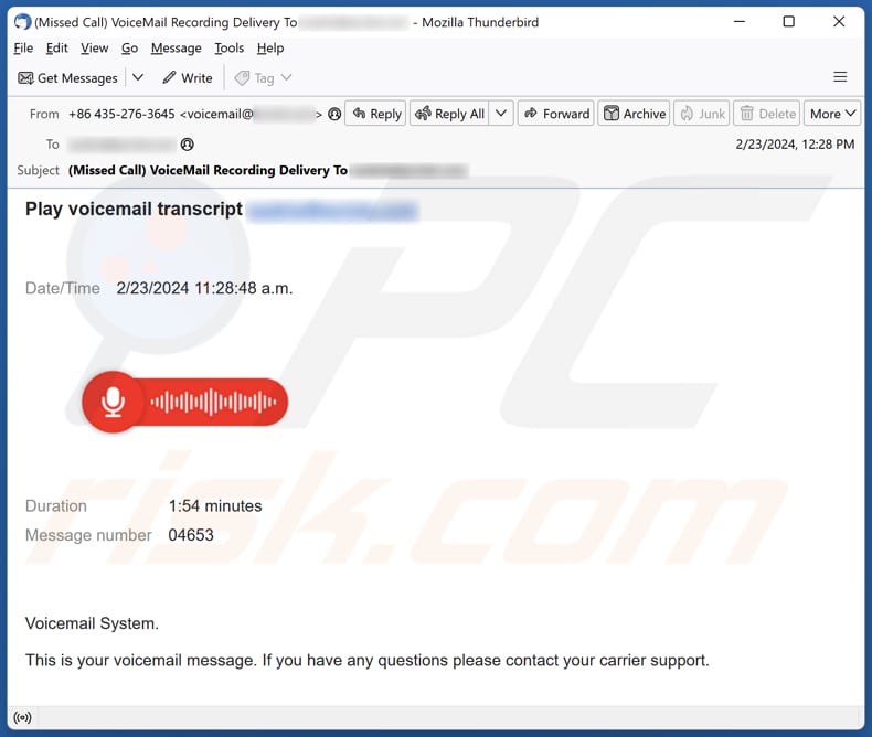 Voicemail Transcript campagna di spam tramite posta elettronica