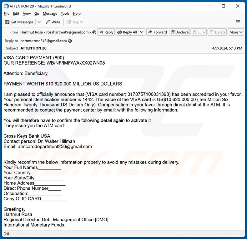 ATM Card truffa via e-mail (2024-04-08)
