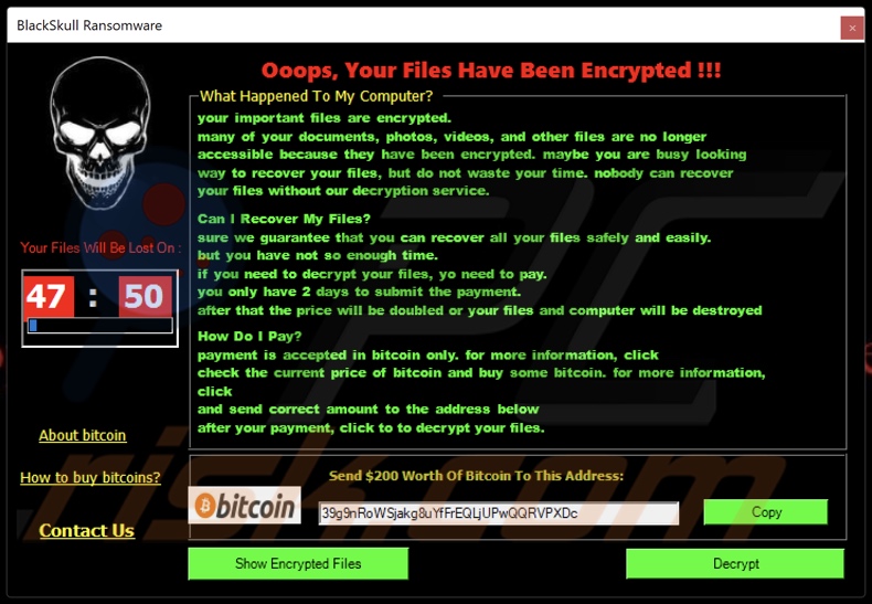 BlackSkull ransomware nota di riscatto (pop-up)