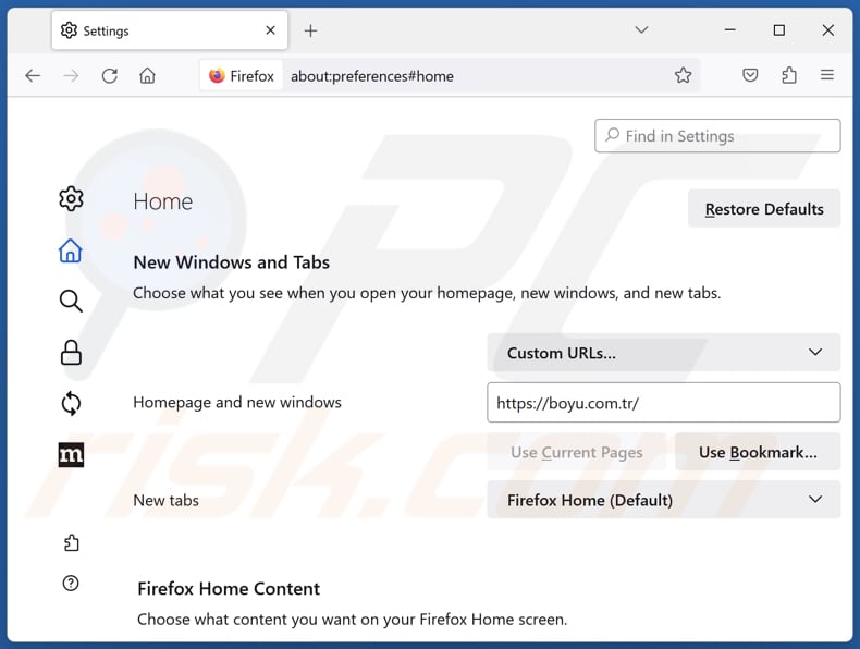 Rimozione di boyu.com.tr dalla homepage di Mozilla Firefox