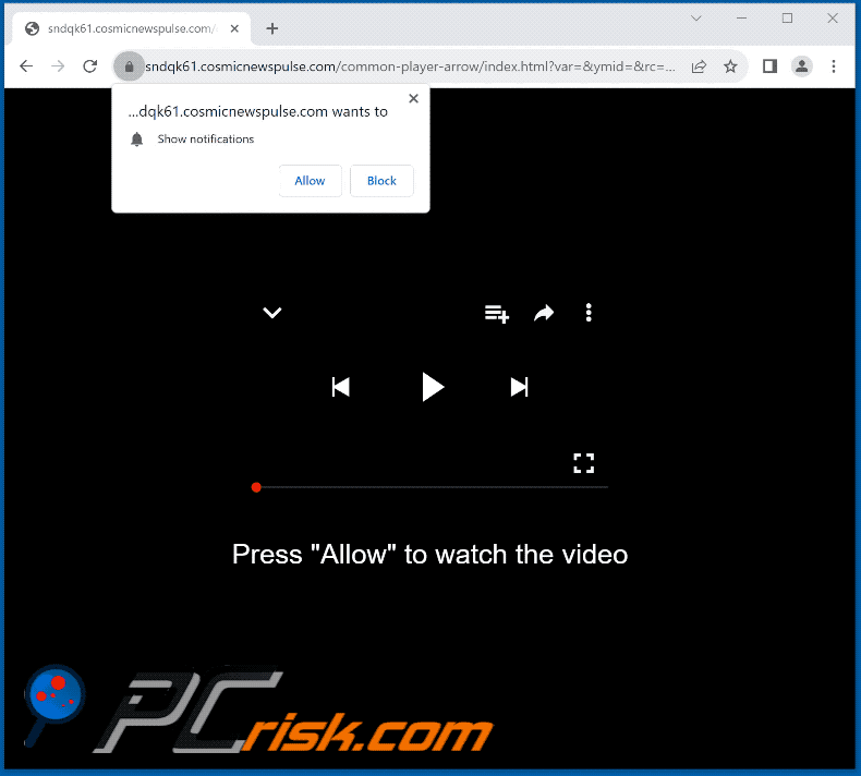 Aspetto del sito web cosmicnewspulse[.]com (GIF)