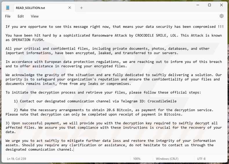 Screenshot del file di testo del ransomware Crocodile Smile (