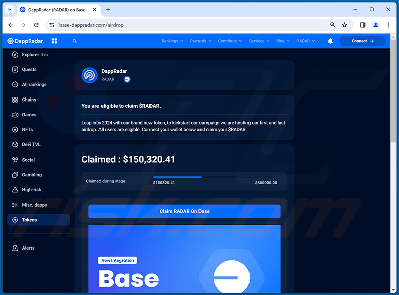 DappRadar Airdrops sito web di scam drainer (base-dappradar[.]com)