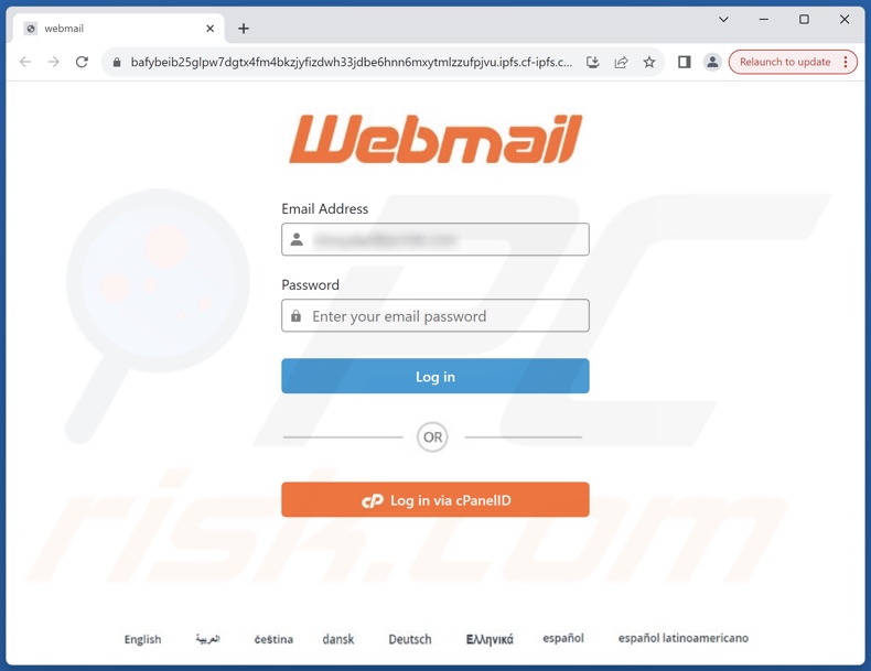 Screenshot del sito Web di phishing promosso dalla campagna spam 