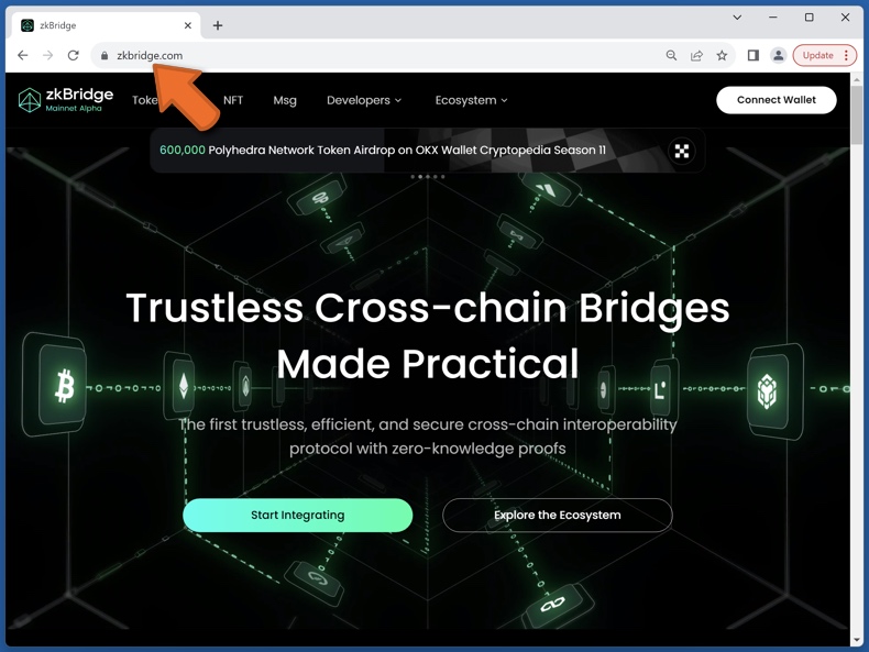 Aspetto del vero sito web di zkBridge (zkbridge.com)