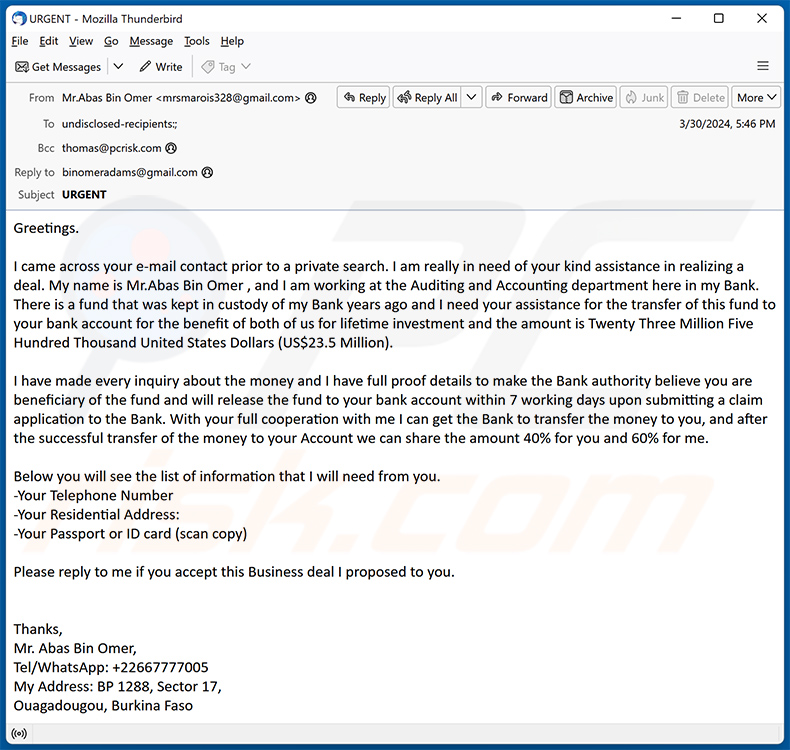 Fund Release truffa via e-mail (2024-04-02)