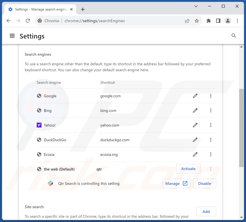 Rimozione qtrserach.com dal motore di ricerca predefinito di Google Chrome