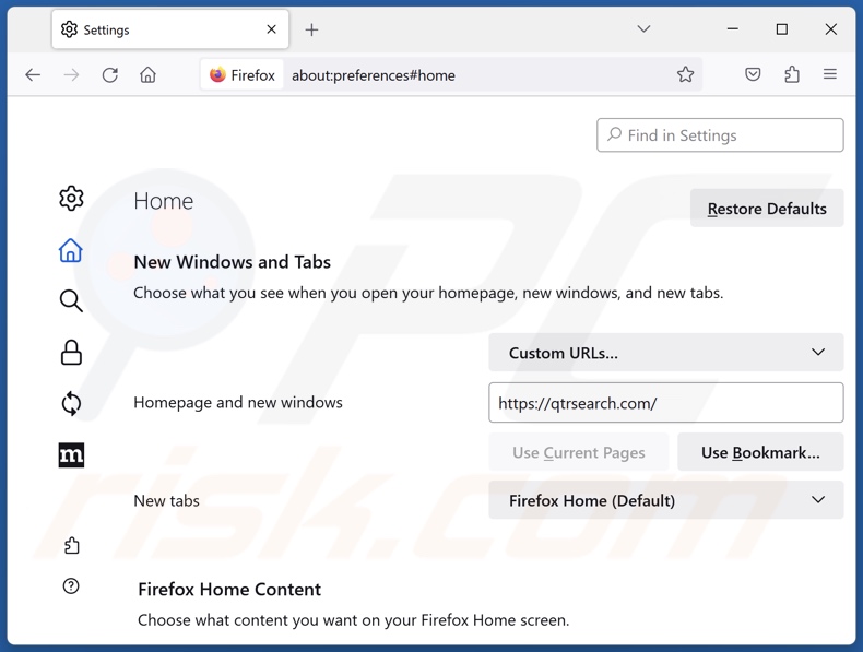 Rimozione di qtrserach.com dalla home page di Mozilla Firefox