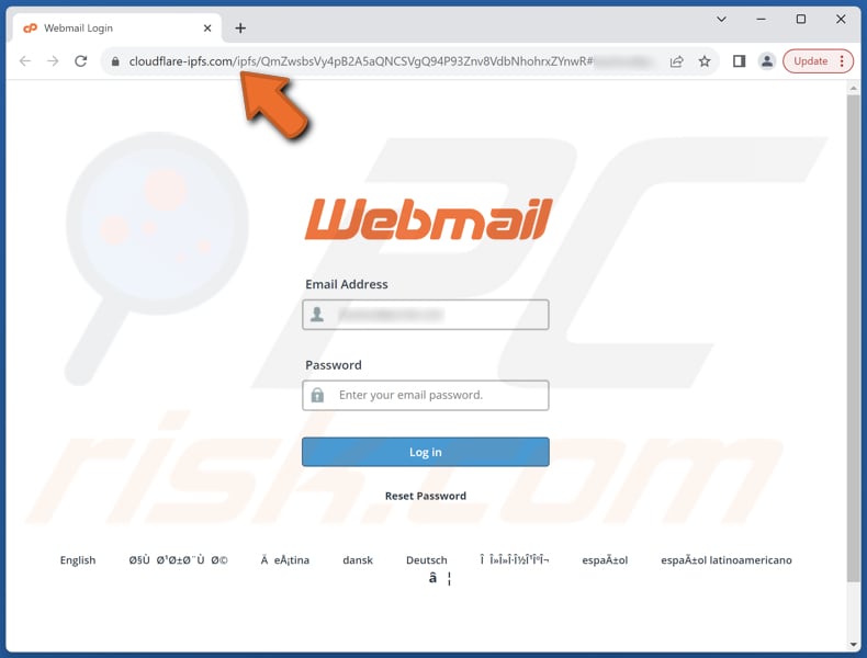 Roundcube Password Set To Expire pagina di phishing per le truffe via e-mail