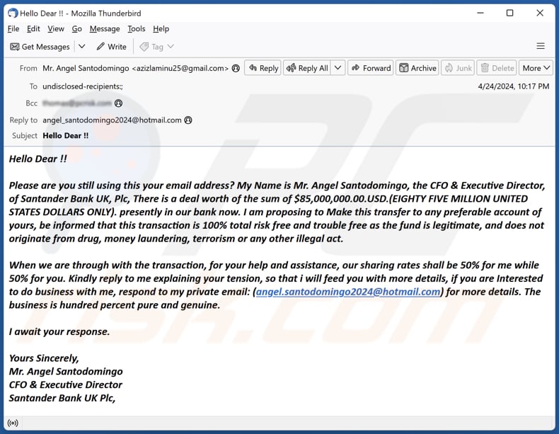 Santander Bank Deal campagna di spam via e-mail