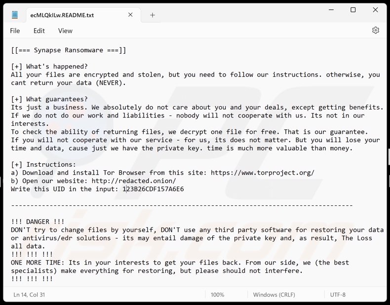 Synapse ransomware nota di riscatto ([random_string].README.txt)