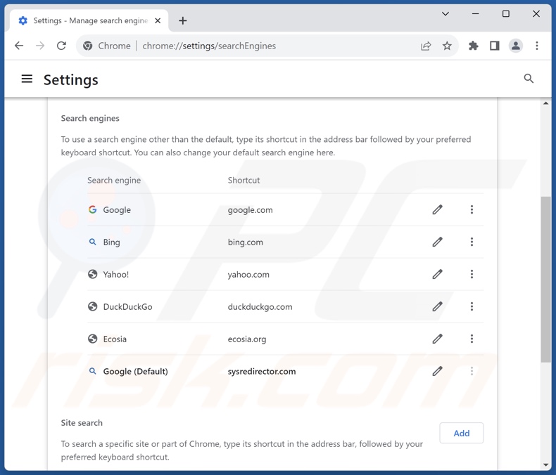 Rimozione di sysredirector.com dal motore di ricerca predefinito di Google Chrome