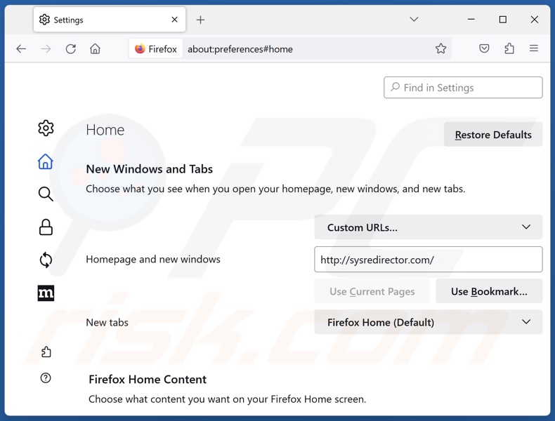 Rimozione di sysredirector.com dalla homepage di Mozilla Firefox